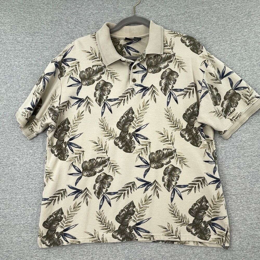 Cherokee Shirt Mens Large Tan Polo Short Sleeve Tropical Aloha Golf Casual